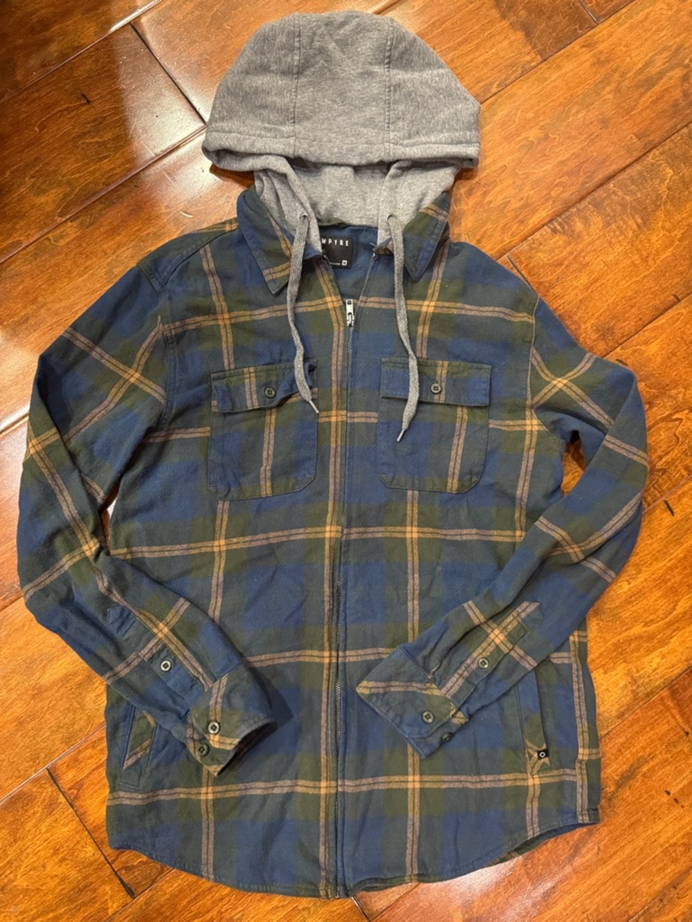 Empyre Men’s M Plaid Zip Hoodie Jacket - Blue/Green/Gray Hood